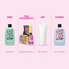 Vier-Schritte-Bräunungsroutine mit The Fox Tan Produkten: Prep (Rapid Elixir), Tan Accelerate (Rapid Accelerators), SPF (frei wählbar), Extend (Sun Tan Sealer).