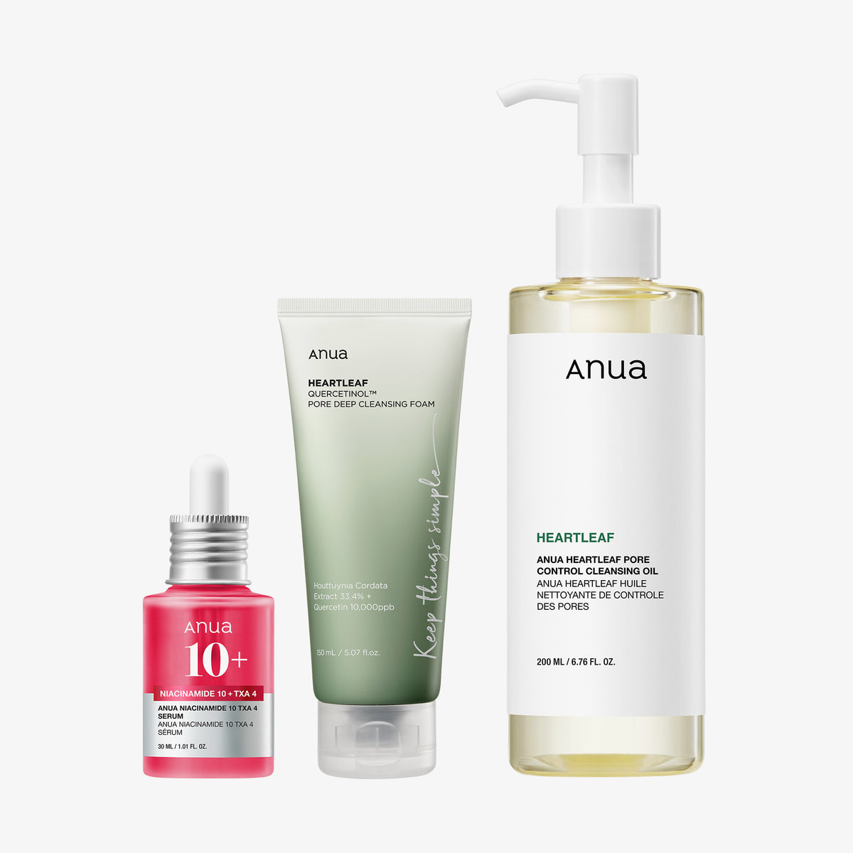 Anua 3-Step K-Beauty Set mit Niacinamid 10+ TXA Serum, Heartleaf Pore Deep Cleansing Foam und Heartleaf Pore Control Cleansing Oil für klare Haut.
