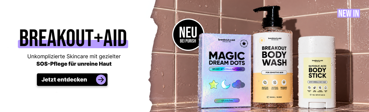 Breakout+Aid-Hautpflegeprodukte, darunter Magic Dream Dots-Pflaster, Duschgel und ein Glykolsäure-Körperstift.