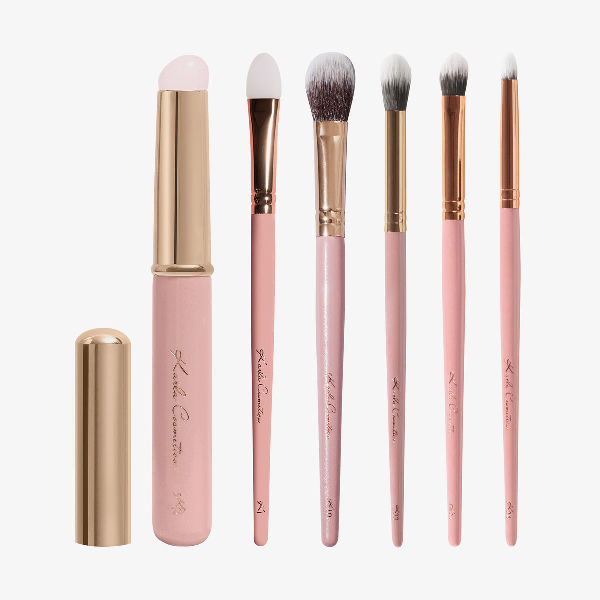 Das 6 Piece Essential Eye Makeup Brush Set bestehend aus sechs rosa-goldenen Pinseln, alle nebeneinander angeordnet.
