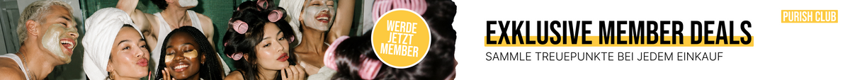 Eine Gruppe von Menschen mit Gesichtsmasken und Lockenwicklern, auf denen die Aufschriften Exklusive Member-Angebote und Werde jetzt Member zu lesen sind.