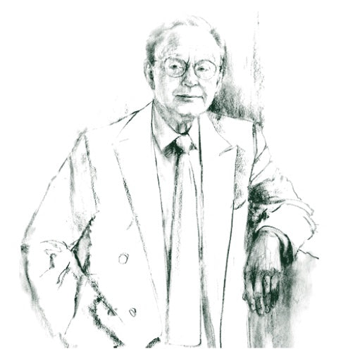 Skizze eines älteren Mannes mit Brille, der Anzug und Krawatte trägt und mit einer Hand in die Hüfte gestützt und die andere auf einer Fläche abgestützt dasteht.