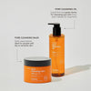 Ein Tiegel Hanskin Pore Cleansing Balm AHA und Pore Cleansing Oil AHA auf grauem Hintergrund; dazu Produkteigenschaften.