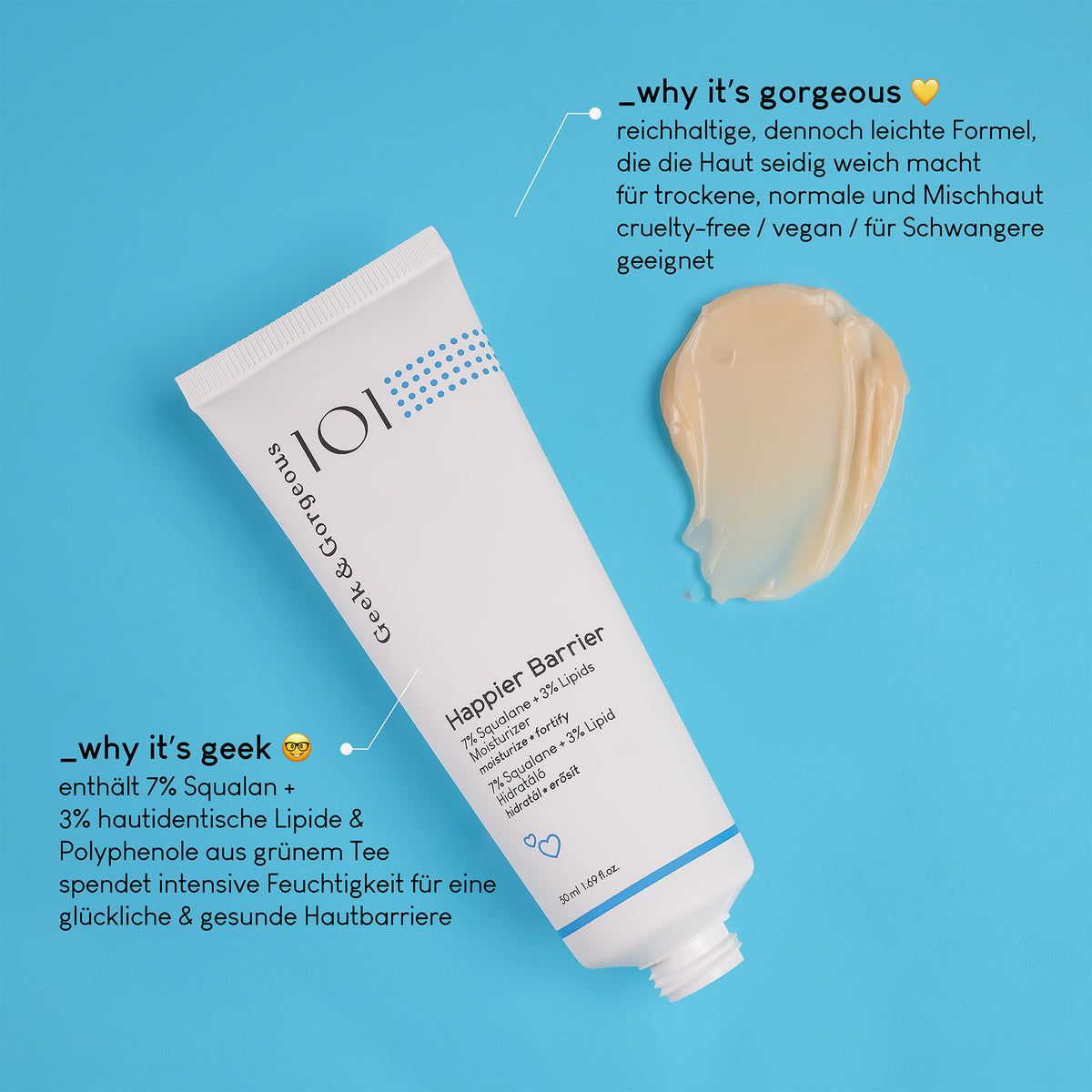 Eine Tube Happier Barrier neben einem Produktklecks auf blauem Hintergrund; daneben Infos zu Inhaltsstoffen und Produkteigenschaften.