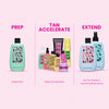 Drei-Schritte-Bräunungsroutine mit The Fox Tan Produkten: Prep (Rapid Elixir), Tan Accelerate (Rapid Accelerators), Extend (Sun Tan Sealer).