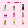 Bildübersicht der Tan Accelerate-Produkte von The Fox Tan mit 9 Varianten: von Lotionen über Öle bis zu Balsam, jeweils mit kurzer Beschreibung.