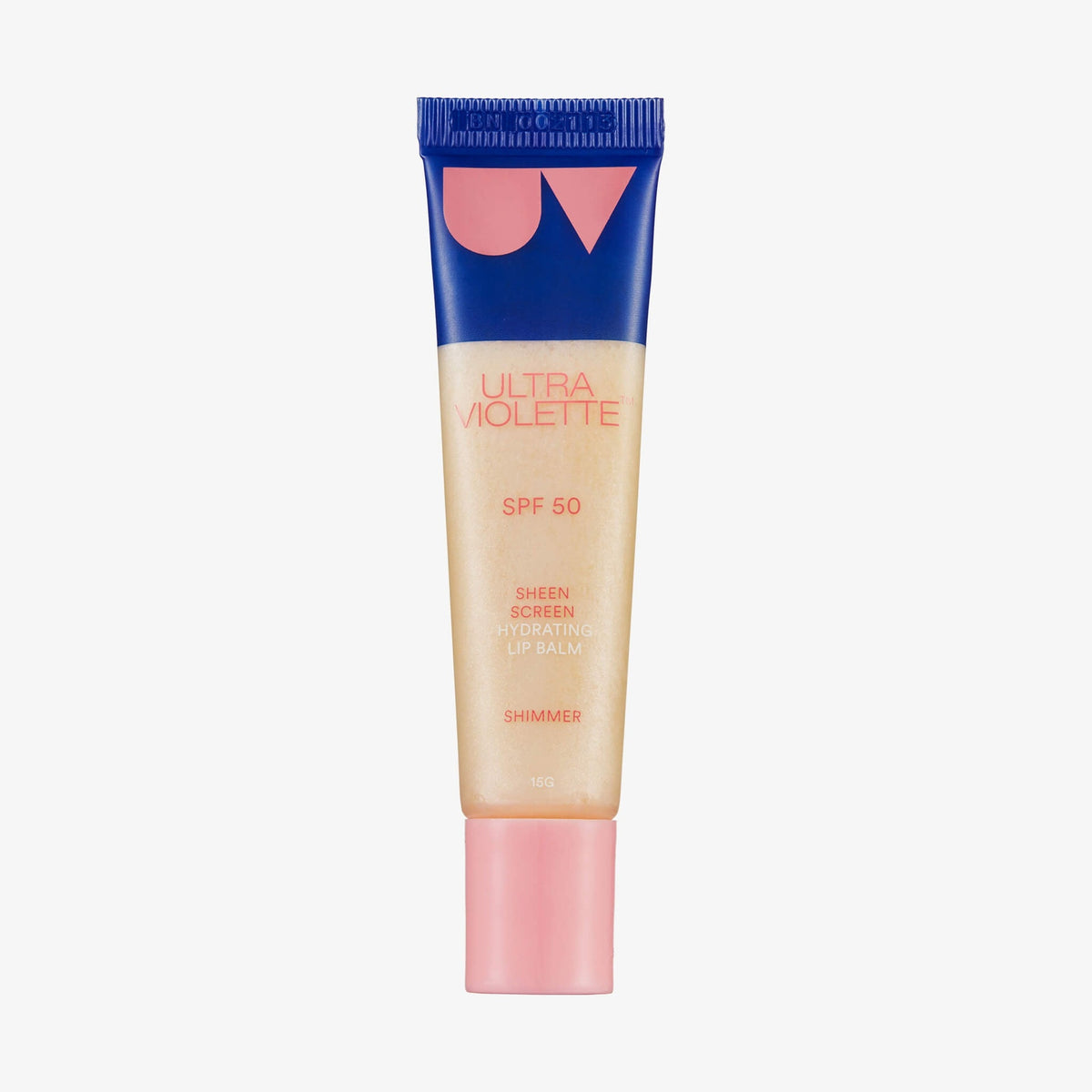 Tube Sheen Screen Hydrating Lip Balm SPF50, schimmernder Farbton, mit blauer Kappe und rosa Basis.
