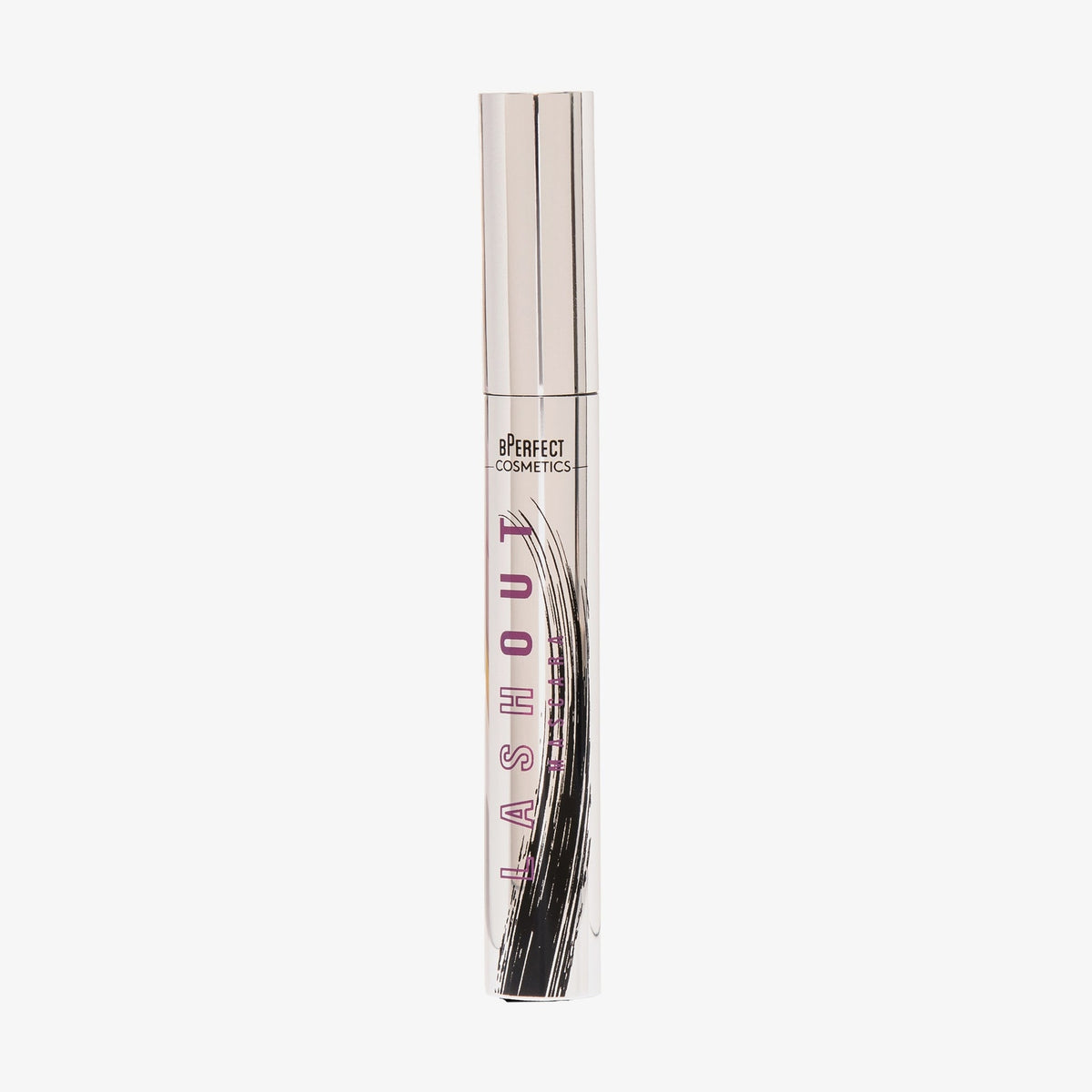 Silberne Tube Lash Out Mascara von BPerfect Cosmetics mit rosa Schrift vor weißem Hintergrund.
