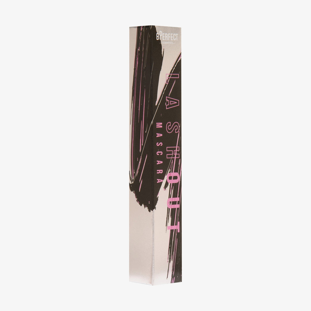 Verpackung der Lash Out Mascara mit rosa Text vor weißem Hintergrund.