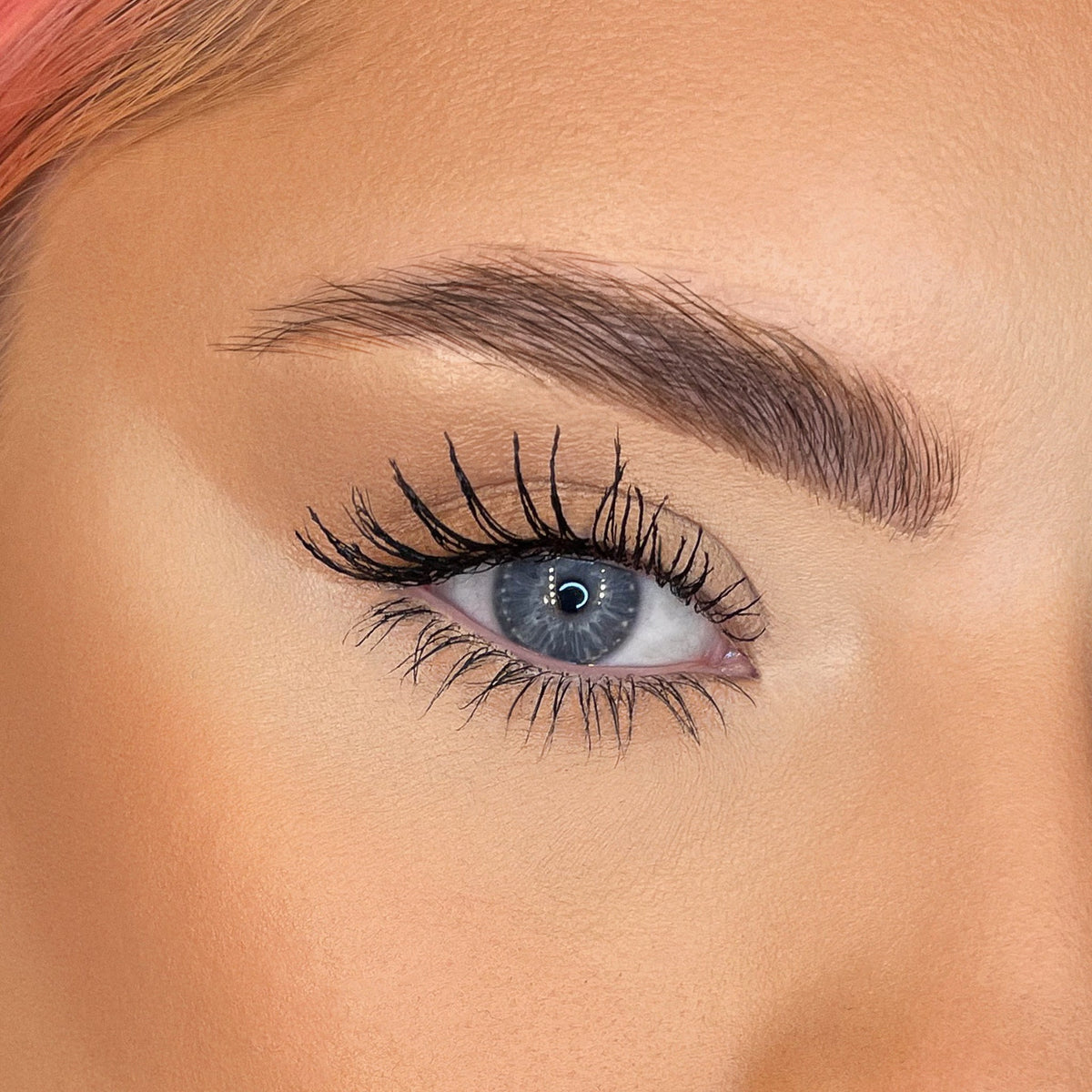 Nahaufnahme eines blauen Auges mit der Lash Out Mascara, langen definierten Wimpern und einer gepflegten Augenbraue.