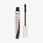 Offene Lash Out Mascara mit metallischem Silberdesign und schwarzer Hourglass-Bürste vor weißem Hintergrund.
