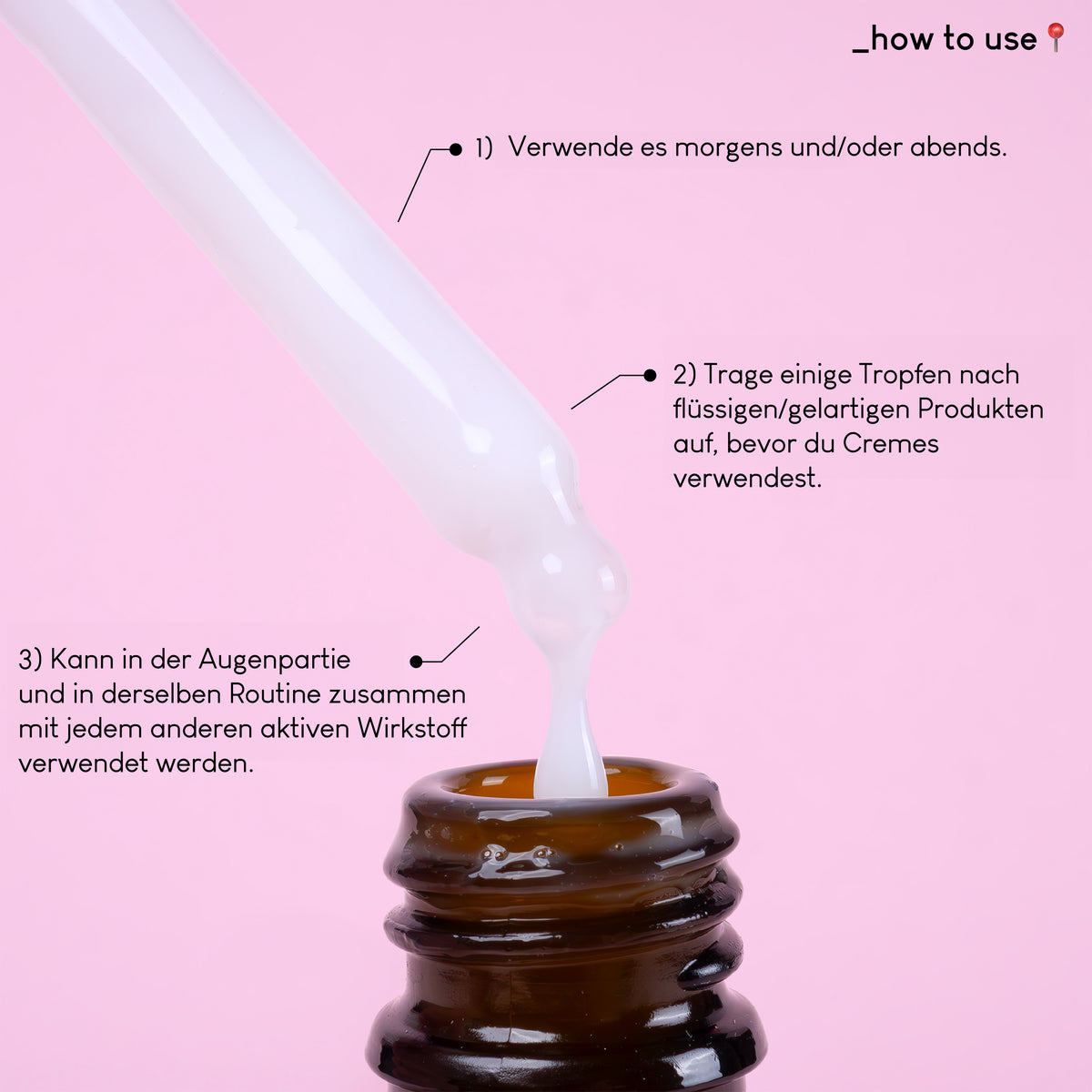 Über einer braunen Power Peptides-Flasche schwebt eine Pipette mit weißem Serum, daneben Anwendungshinweise  auf rosa Hintergrund.