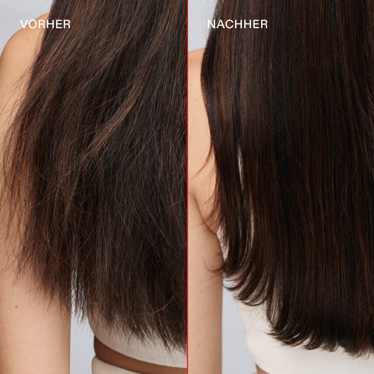 Vergleich zwischen krausem Haar (links) und glattem, glänzendem Haar (rechts) nach der Anwendung von OLAPLEX No°5 Feuchtigkeits- und Pflegespülung.