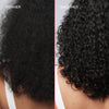 Vorher-Nachher-Bilder von Locken, die mit dem OLAPLEX No°5 Moisturize & Mend Leave-in Conditioner behandelt wurden: Die linke Seite zeigt Frizz, die rechte Seite zeigt glänzende, definierte Locken.