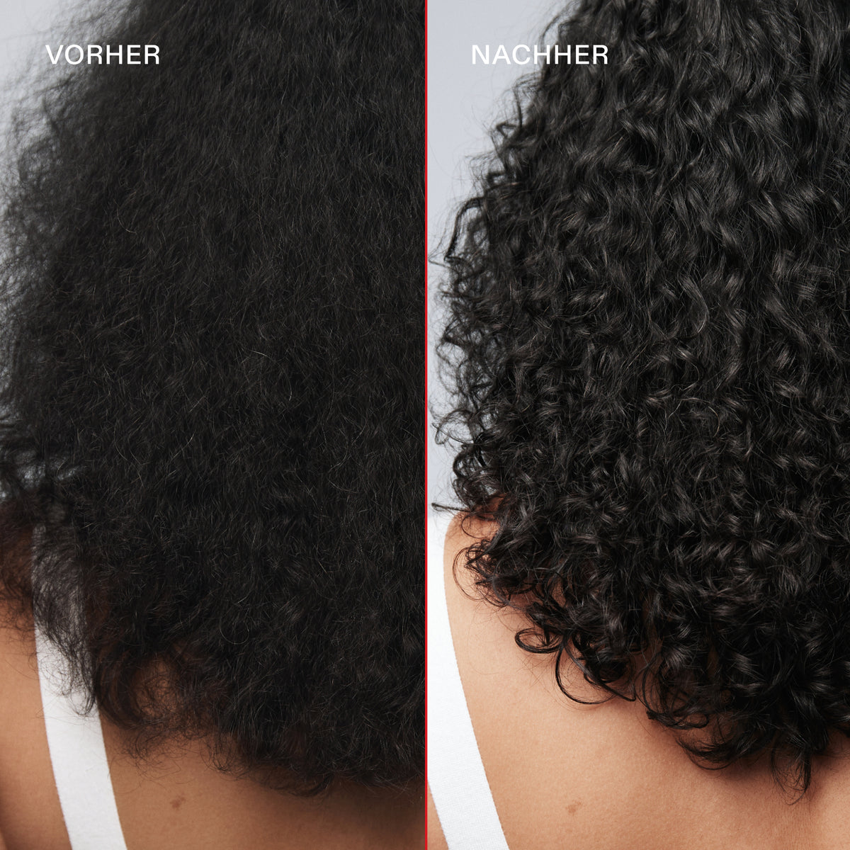 Vorher-Nachher-Bilder von Locken, die mit dem OLAPLEX No°5 Moisturize & Mend Leave-in Conditioner behandelt wurden: Die linke Seite zeigt Frizz, die rechte Seite zeigt glänzende, definierte Locken.