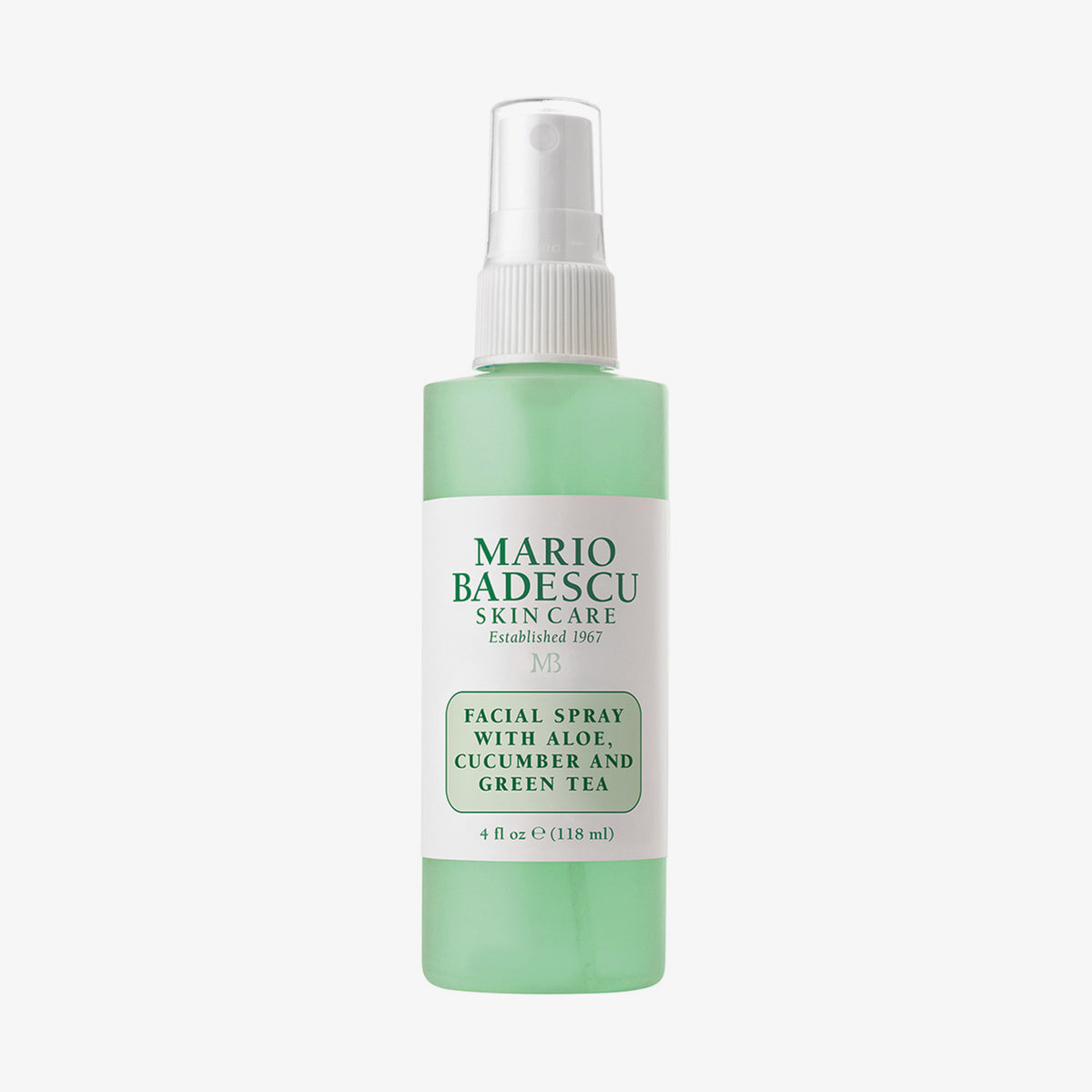 Eine 118ml grüne Flasche Mario Badescu Gesichtsspray mit Aloe, Gurke und grünem Tee.