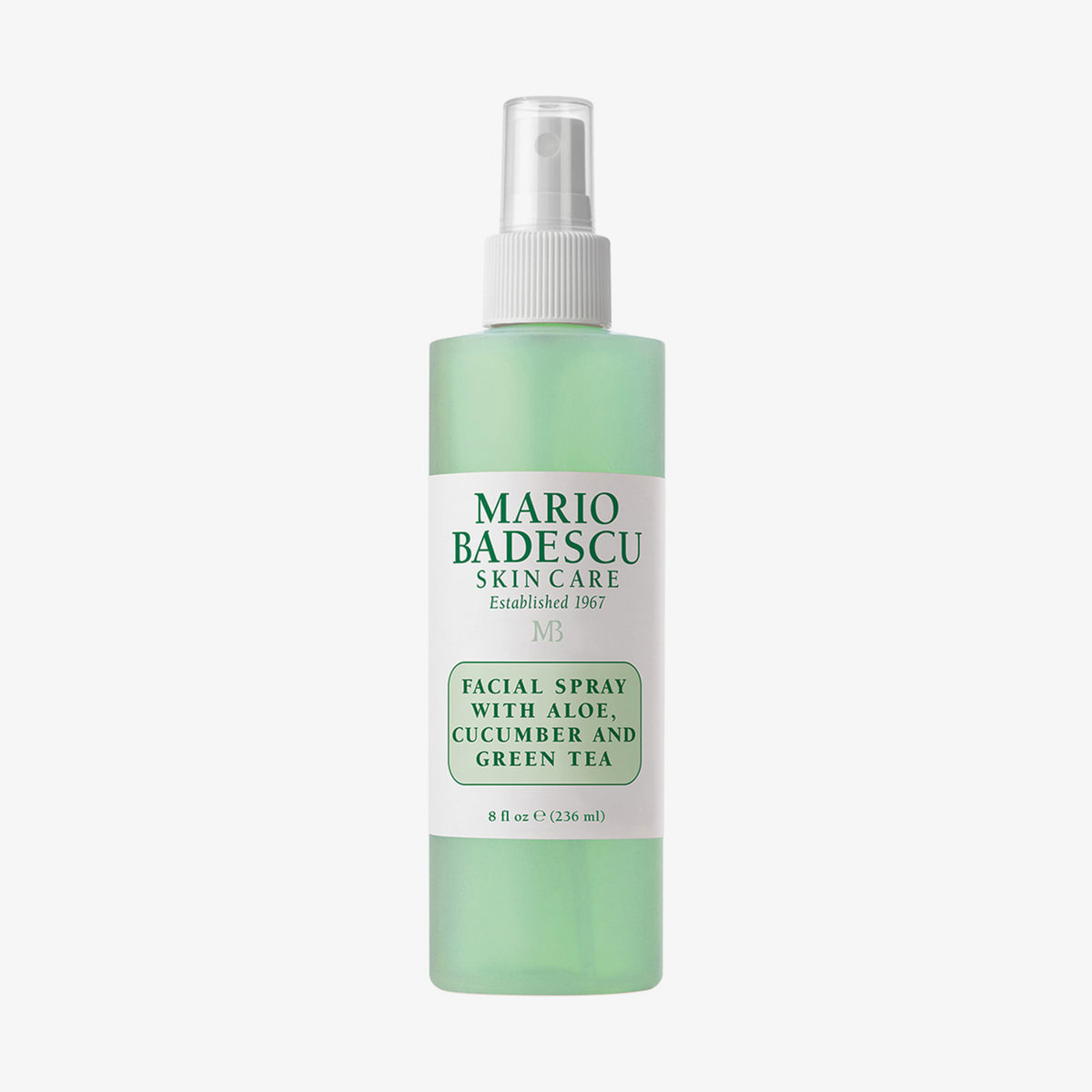 Eine 236ml grüne Flasche Mario Badescu Gesichtsspray mit Aloe, Gurke und grünem Tee.