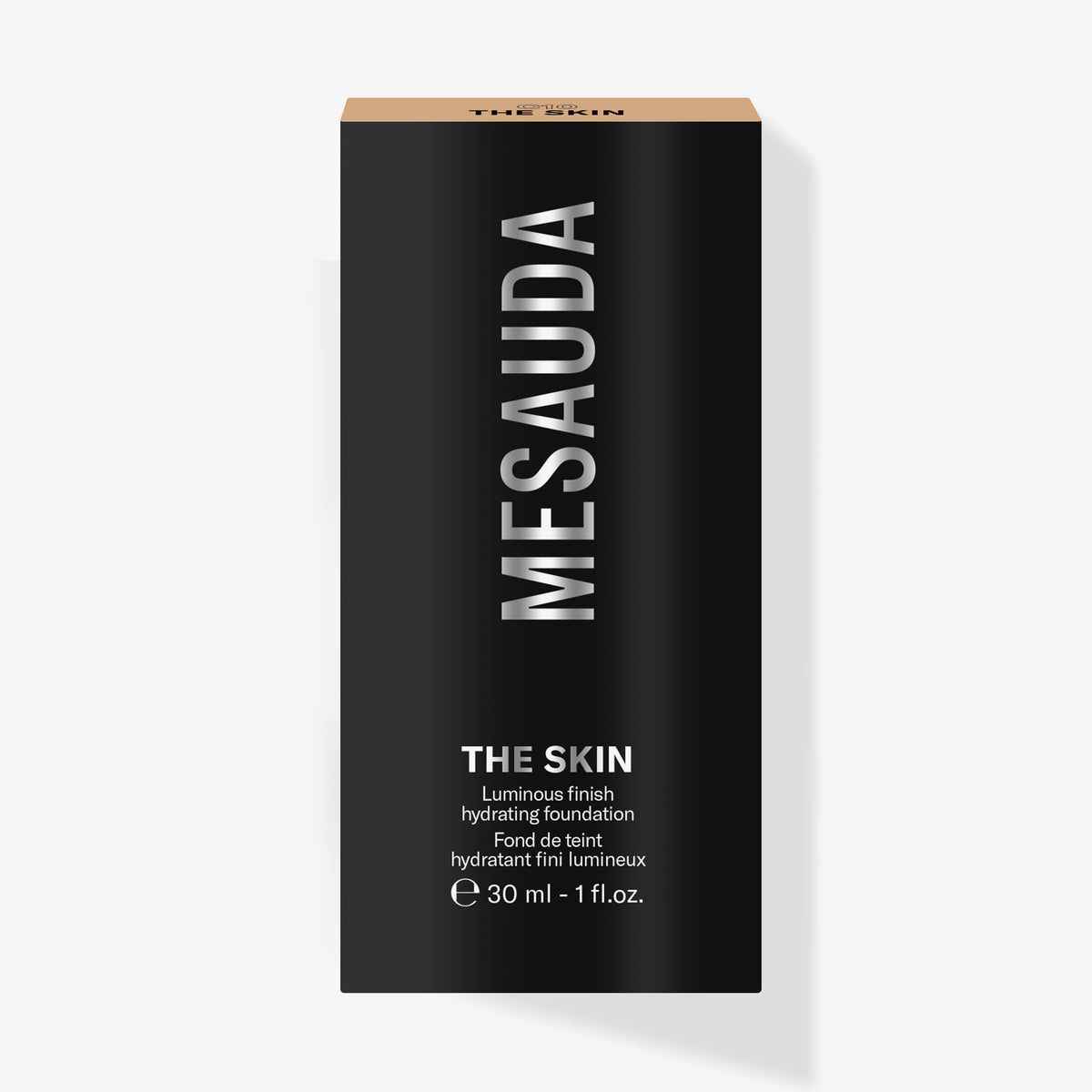 Schwarze Schachtel von Mesauda Beauty The Skin  Flüssigfoundation, 30 ml, mit weißer Schrift.