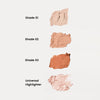 Vier Make-up-Swatches des Definitely High in den Farbönen 01, 02, 03 und Universal Highlighter auf weißem Hintergrund.
