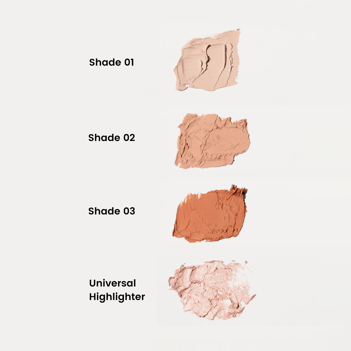 Vier Make-up-Swatches des Definitely High in den Farbönen 01, 02, 03 und Universal Highlighter auf weißem Hintergrund.