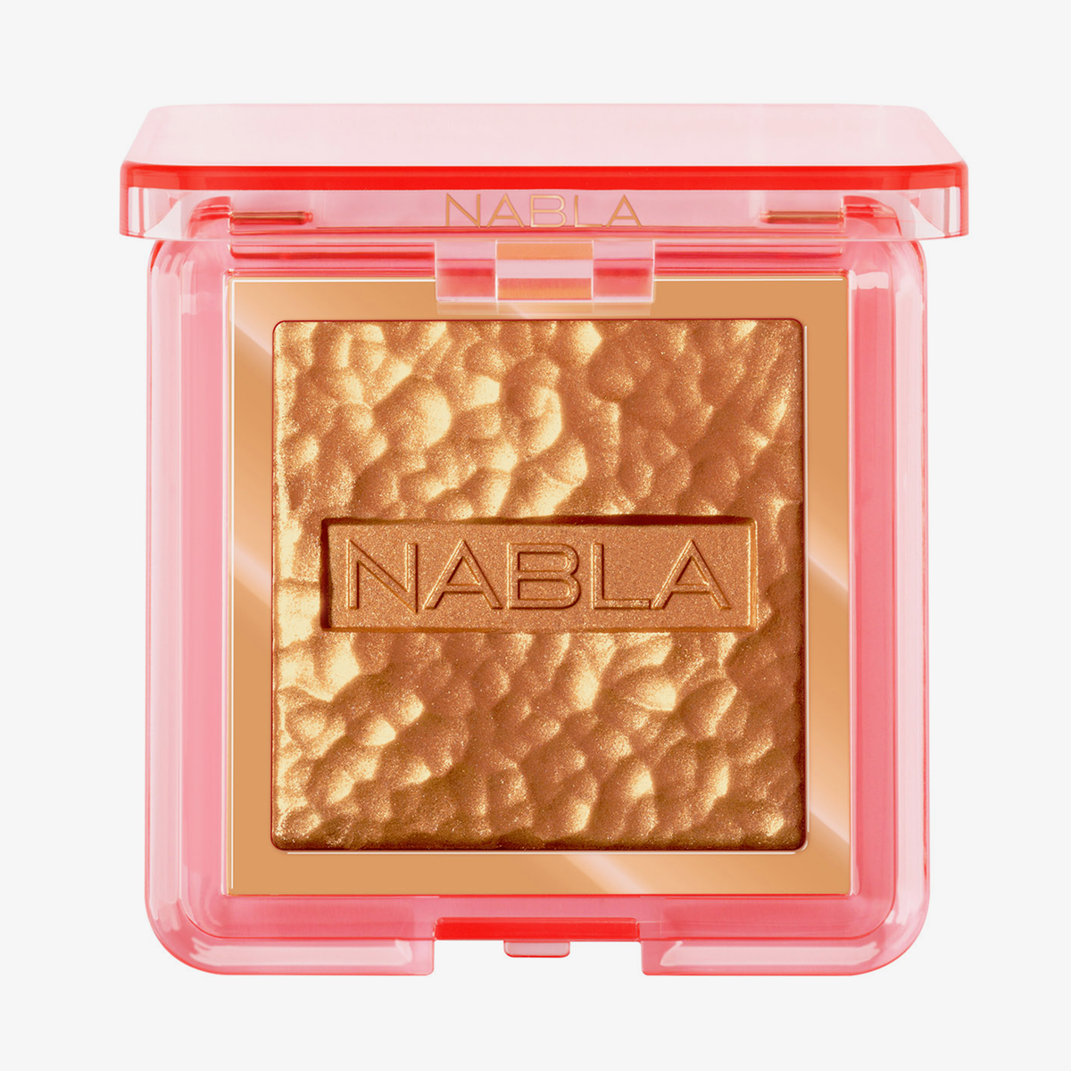 Der NABLA Skin Glazing Highlighter in Kucent Jungle mit goldener Textur in einem transparenten rosa Kompaktgehäuse, von oben gesehen.