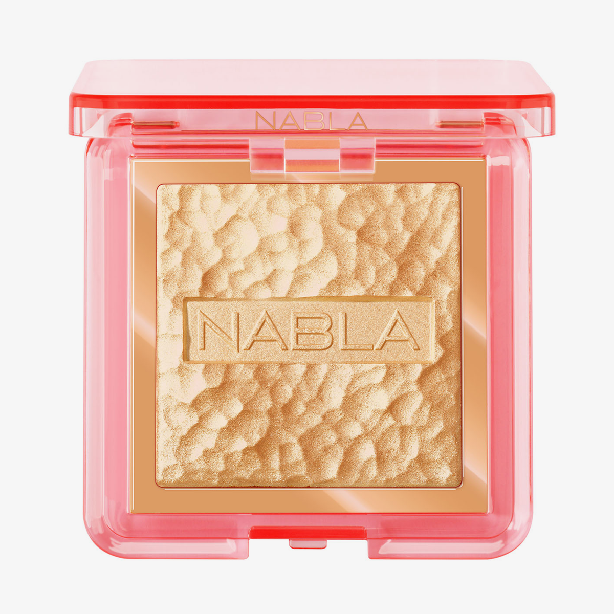 Skin Glazing in Amnesia ist ein goldener Puder-Highlighter in einer rosafarbenen, transparenten Kompaktdose mit der Bezeichnung NABLA.