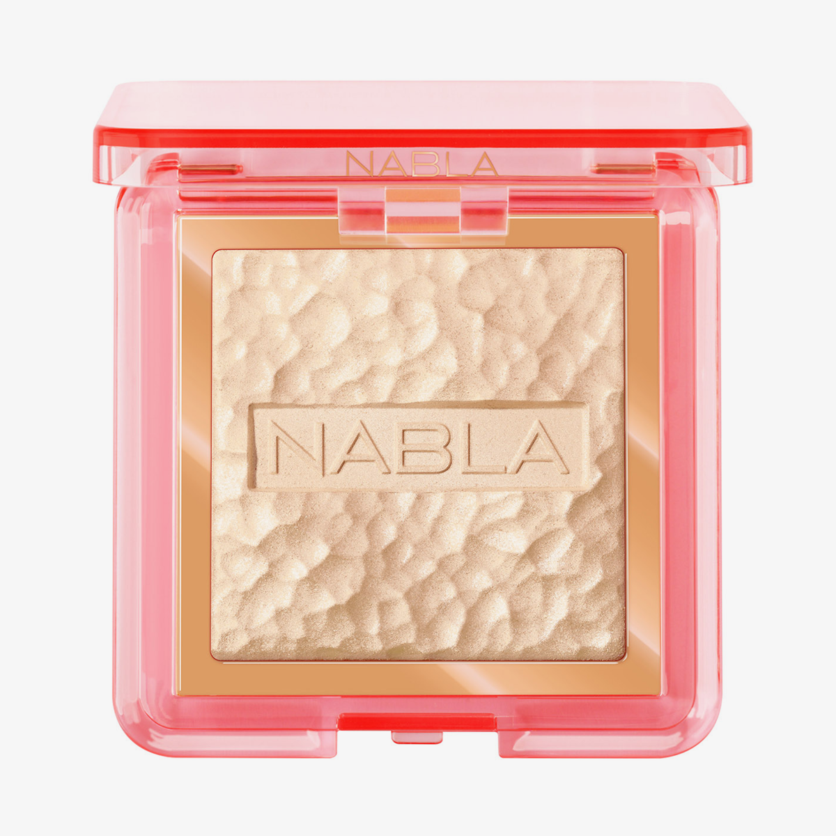 Skin Glazing ist ein quadratischer goldener Highlighter in einer rosa Kompakthülle mit NABLA-Prägung auf dem gepressten Puder.
