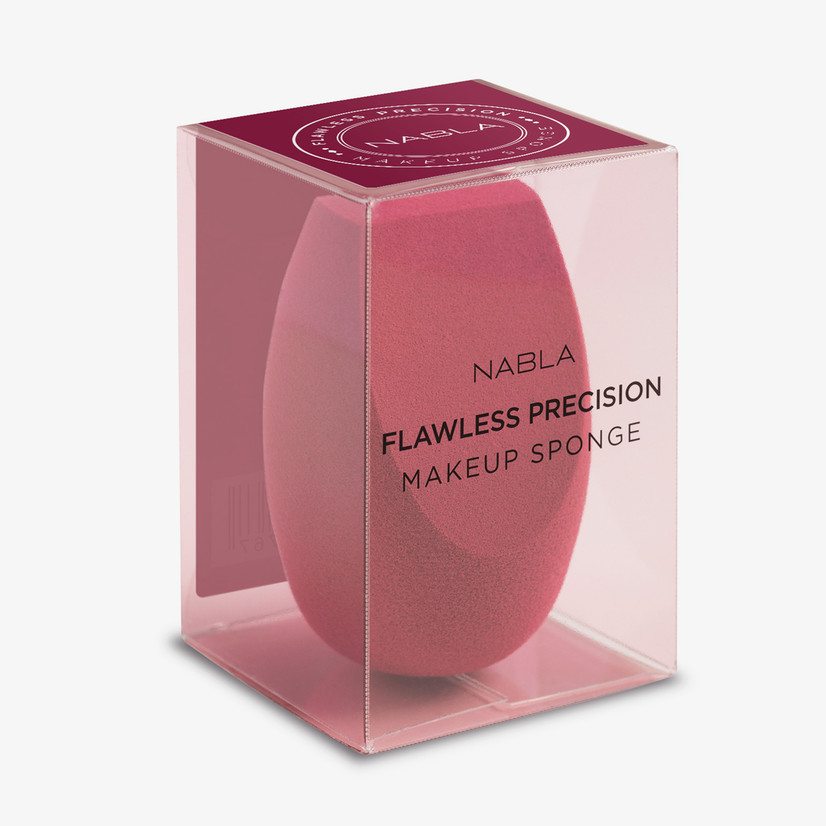 Ein rosafarbener Flawless Precision Makeup Sponge in einer durchsichtigen Plastikbox.