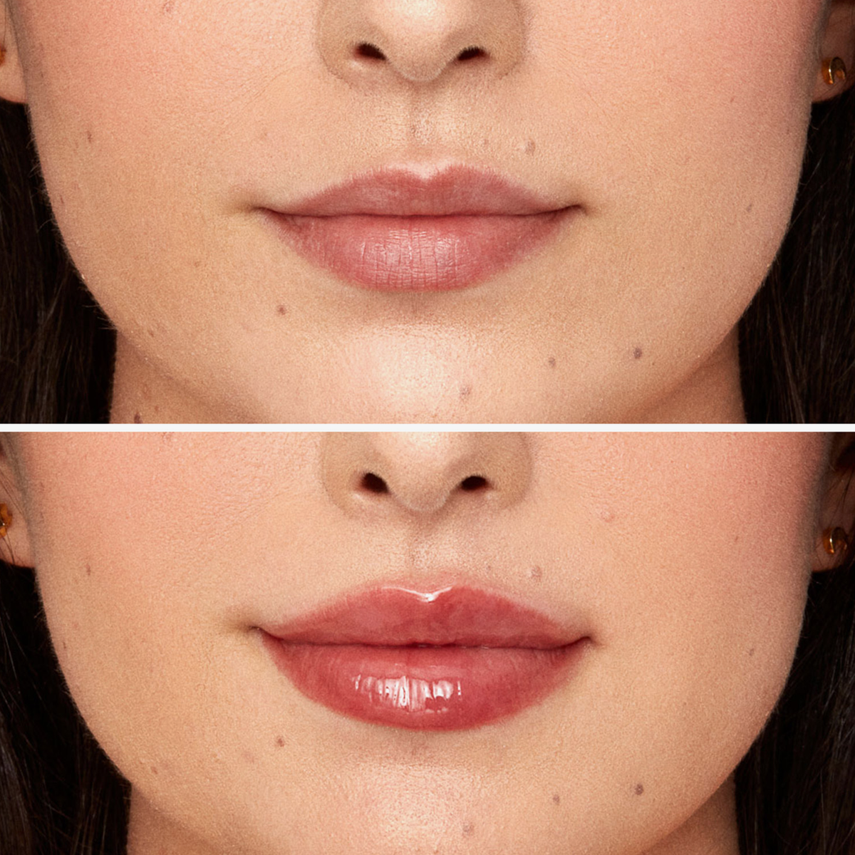 Eine Nahaufnahme der Lippen vor und nach dem Auftragen von Lip Plumper – Viper, einem glänzenden, getönten Lipgloss.