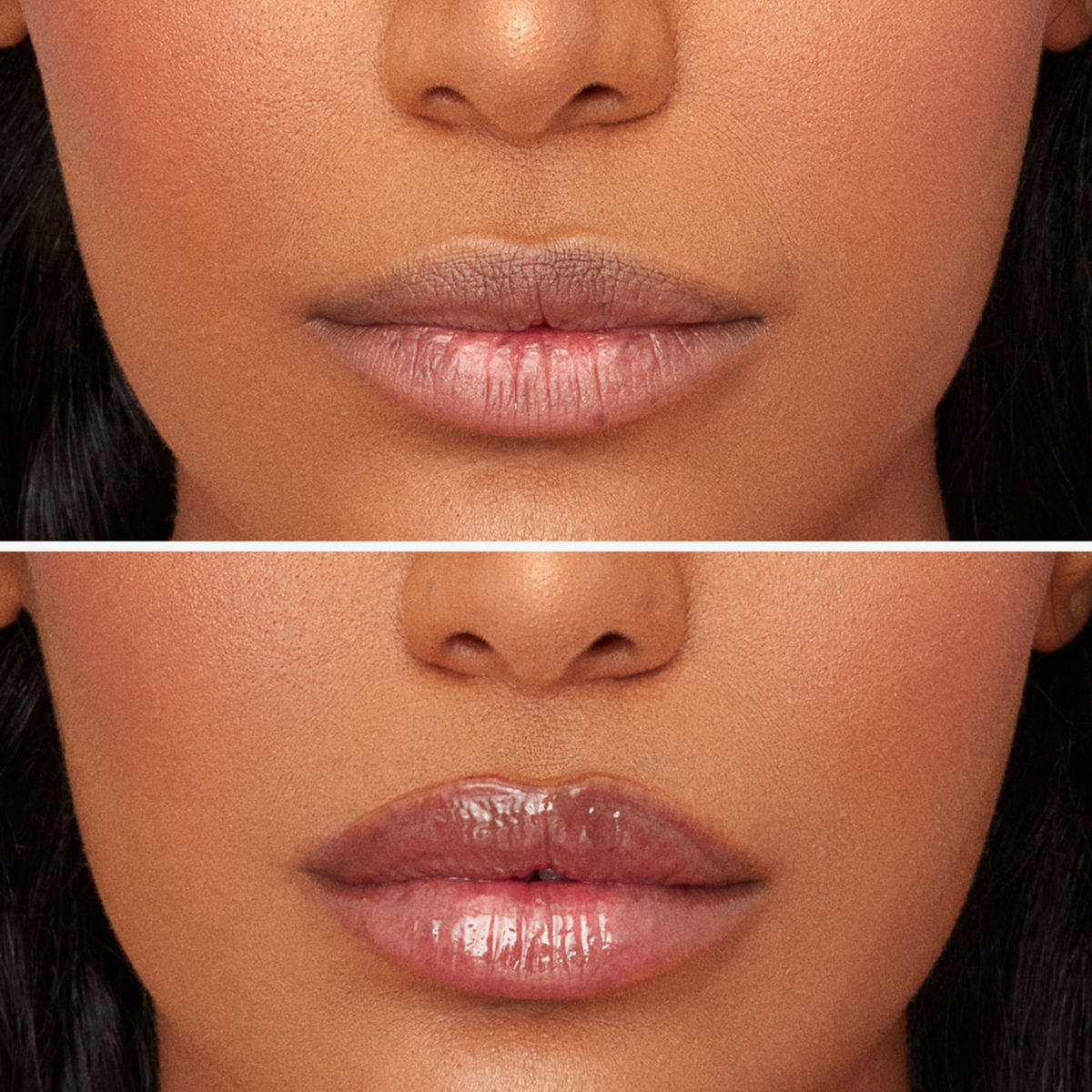 Vorher Nachher Bilder der Lippen einer Frau,  die Lippen vor dem auftragen von dem Viper Lip Plumper und nach dem auftragen.