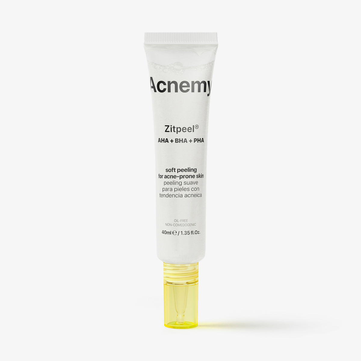 Eine weiße Tube Zitpeel® mit AHA, BHA und PHA (40 ml) mit gelben Deckel vor weißem Hintergrund.