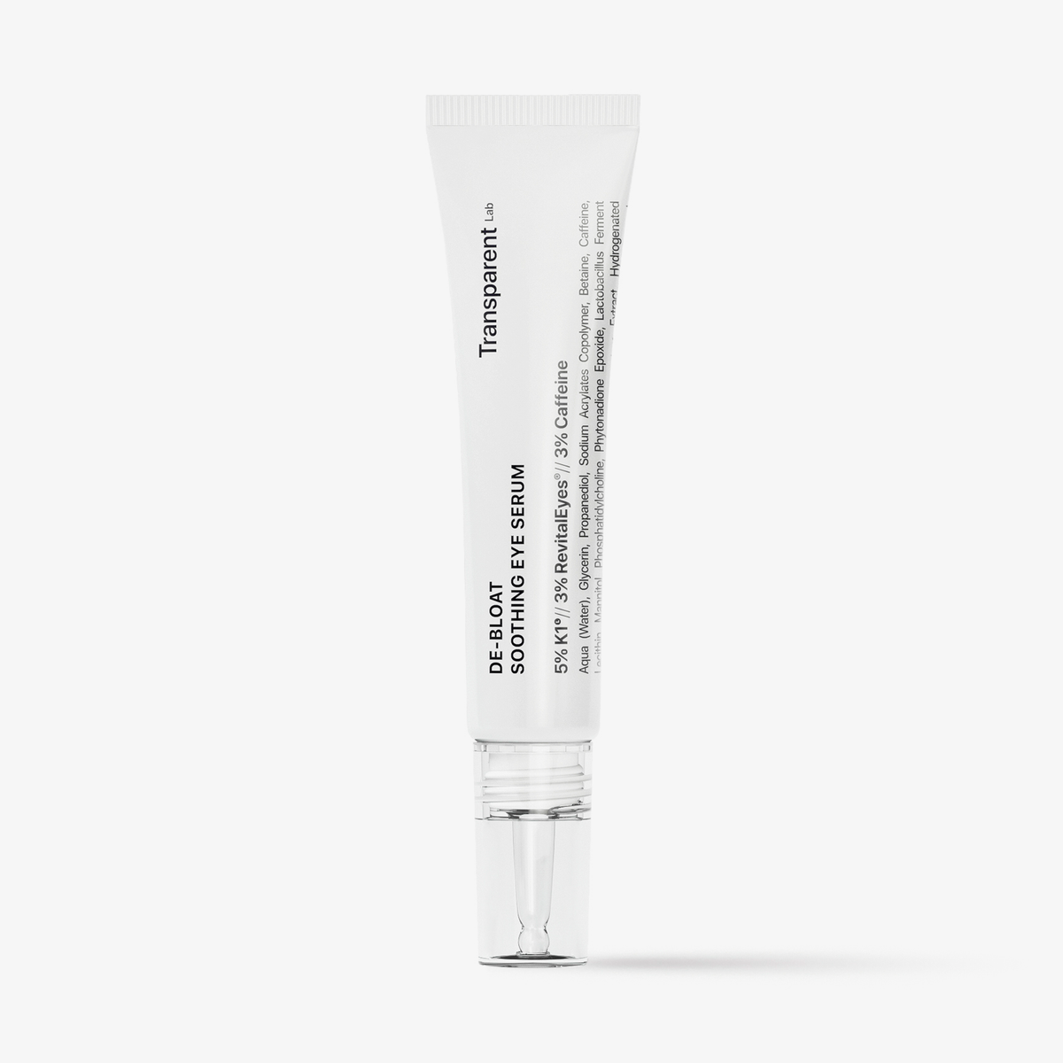 Weiße Tube De-Bloat Soothing Eye Serum mit durchsichtiger Kappe und schwarzem Text.