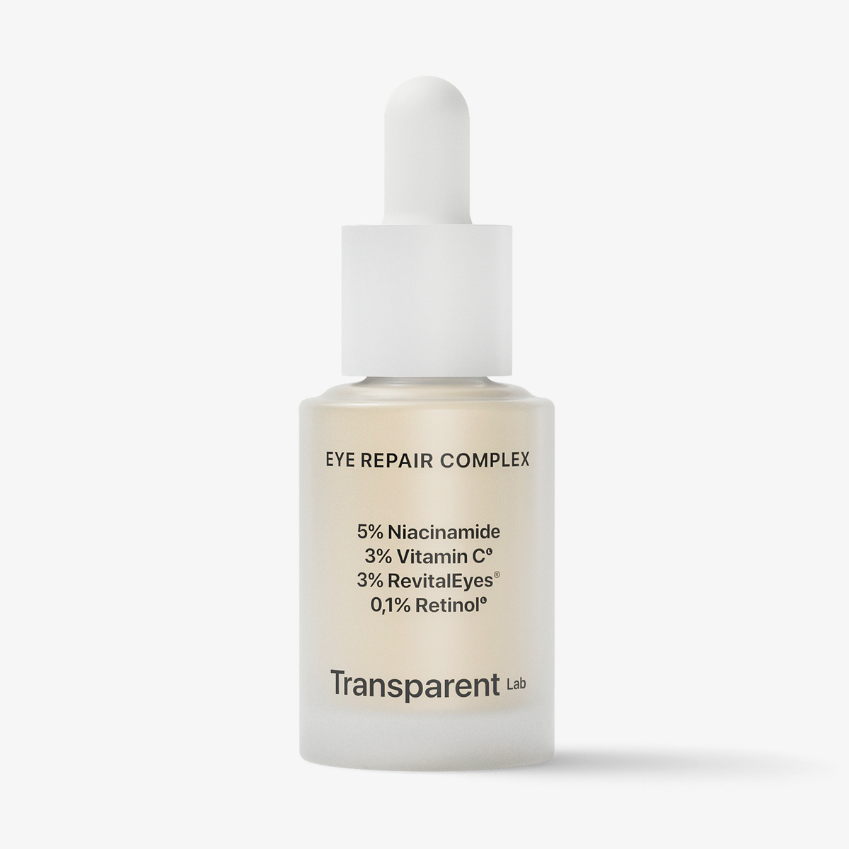 Eine Flasche Eye Repair Complex mit weißem Tropferdeckel vor weißen Hintergrund.