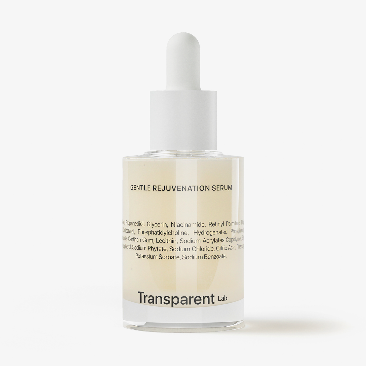 Eine Tropfflasche mit Gentle Rejuvenation Serum von Transparent Lab, mit weißem Deckel und milchiger Flüssigkeit.