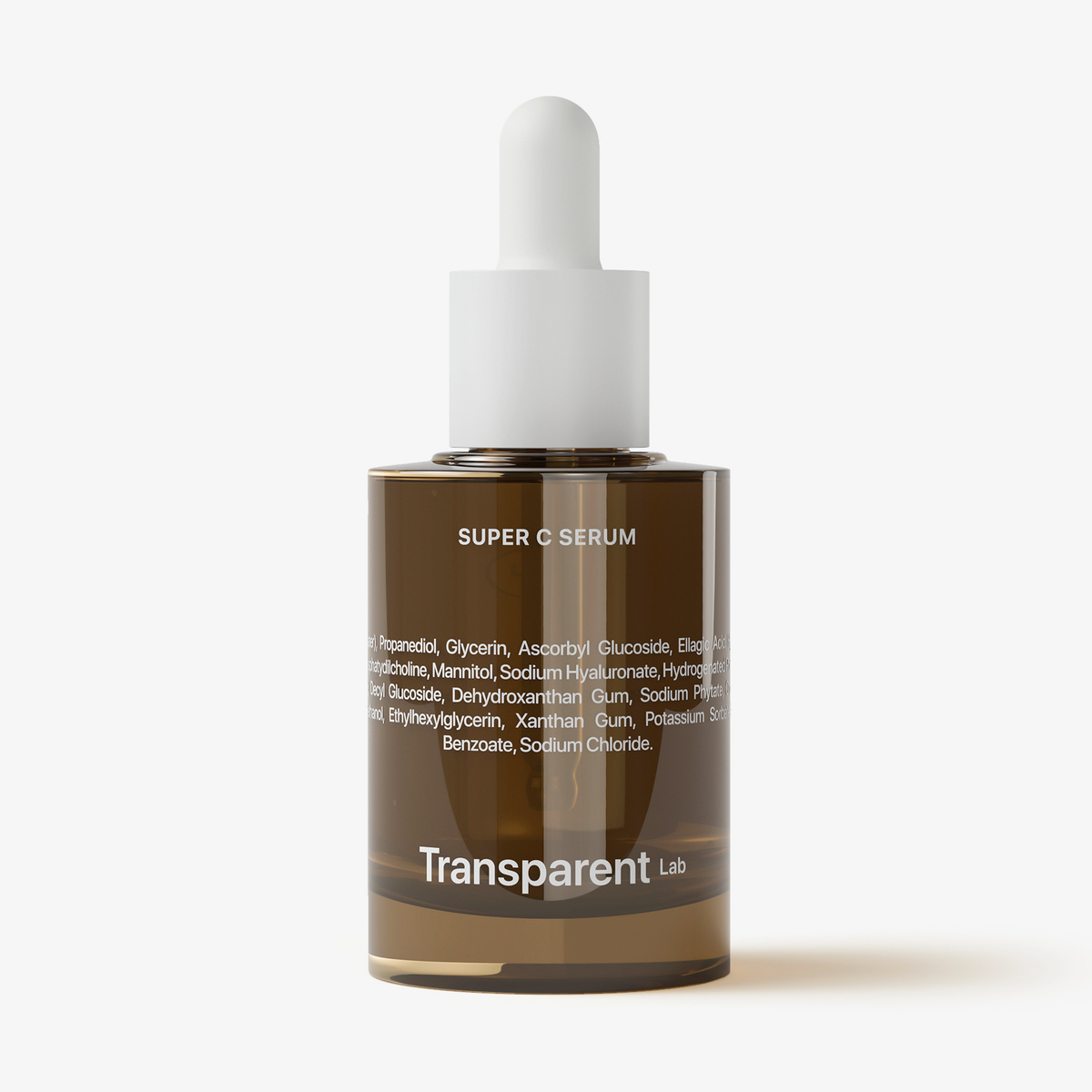 Braune Transparent Lab Super C Serum-Flasche mit weißer Pipette, auf der die Inhaltsstoffe angegeben sind.