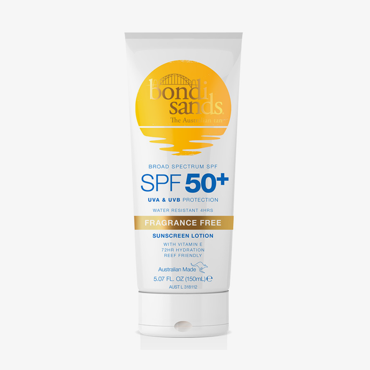 Weiße Tube Bondi Sands SPF50+ Lotion Fragrance Free vor weißem Hintergrund