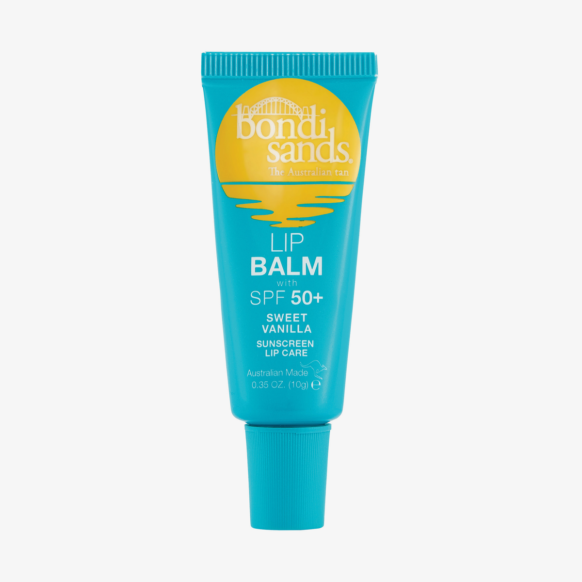 Blaue Tube Bondi Sands Lip Balm LSF 50+ Sweet Vanilla vor weißem Hintergrund