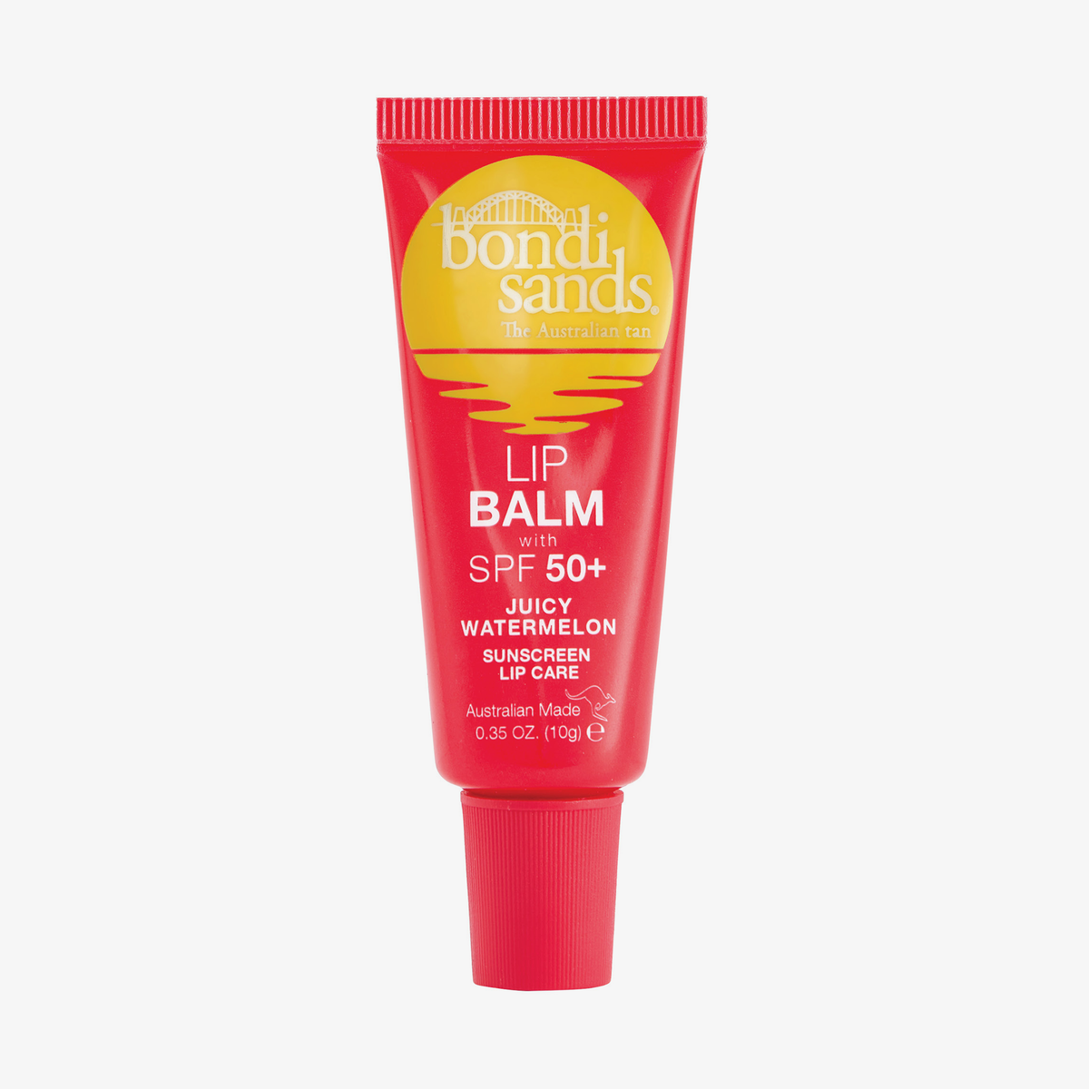 Eine rote Tube Bondi Sands Lip Balm SPF 50+ Juicy Watermelon mit gelbem Sonnenlogo vor weißem Hintergrund