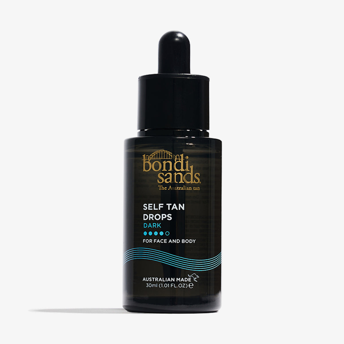Bondi Sands Self Tan Drops Dark in schwarzer Tropfflasche mit Pipette vor weißem Hintergrund