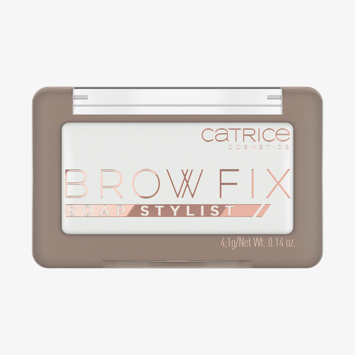 Geschlossene rechteckige Verpackung mit transparentem Brow Fix Soap Stylist 010 vor weißem Hintergrund.