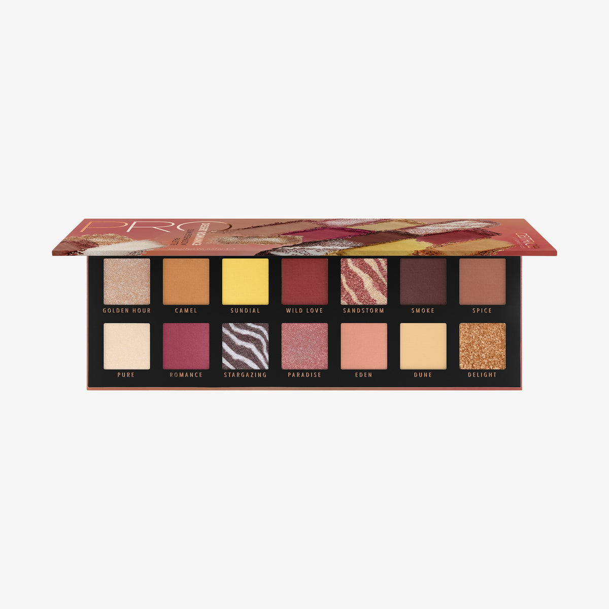 Leicht geöffnete Catrice Pro Desert Romance Slim Eyeshadow Palette mit 14 Farbtönen von Gold bis Kastanienbraun.