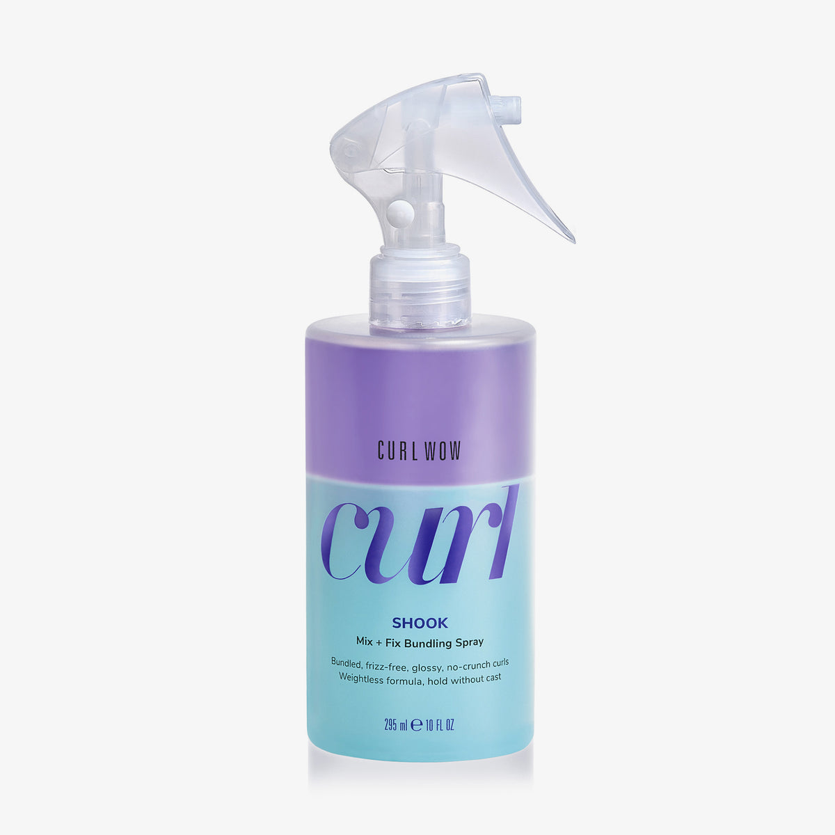 Matt-transparente Sprühflasche Curl Wow Shook Epic Curl Perfector mit geteilter lila und blauer Flüssigkeit vor weißem Hintergrund.