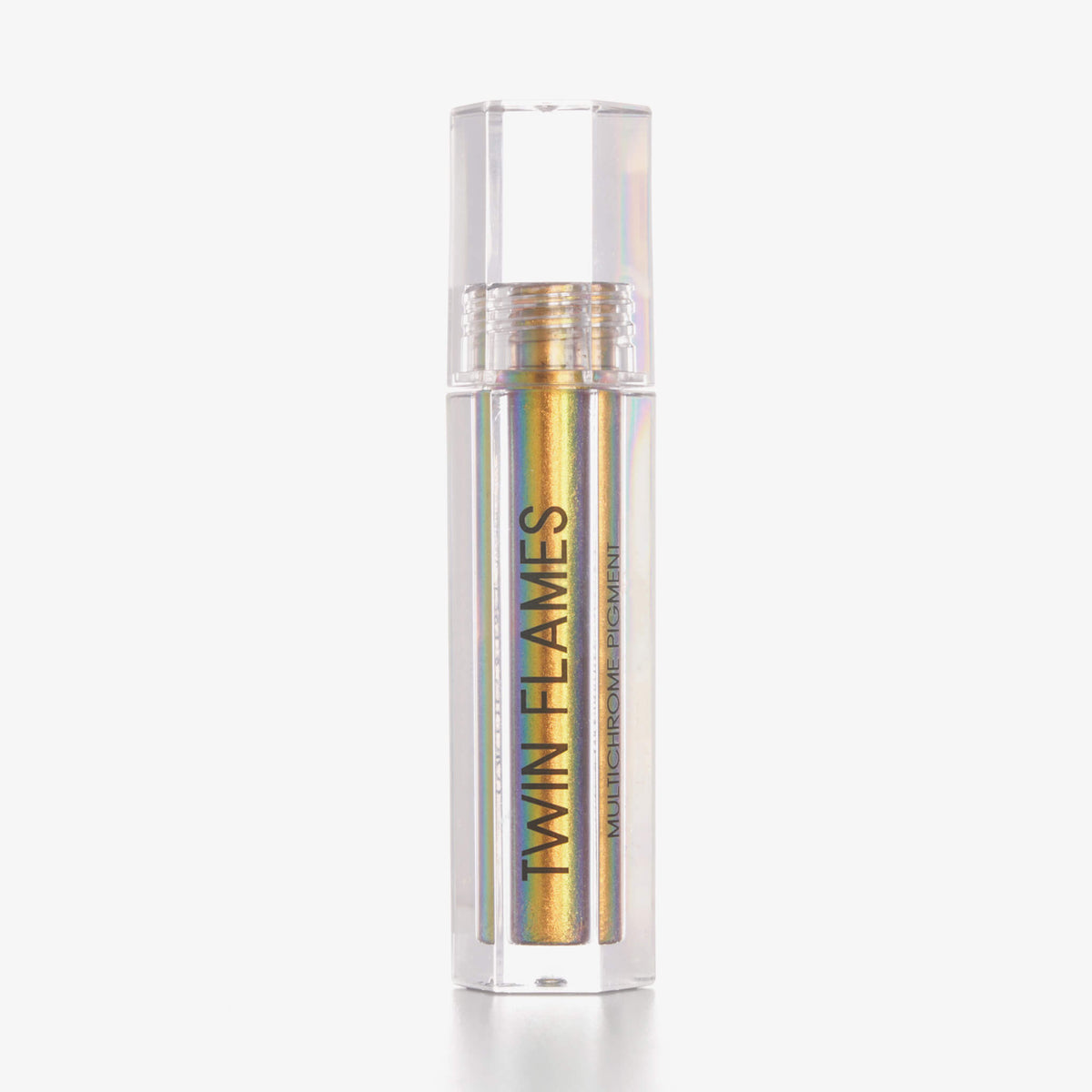 Eine durchsichtige Tube Twin Flames Obsession mit gold-blau-orange schimmerndem Inhalt vor weißem Hintergrund.