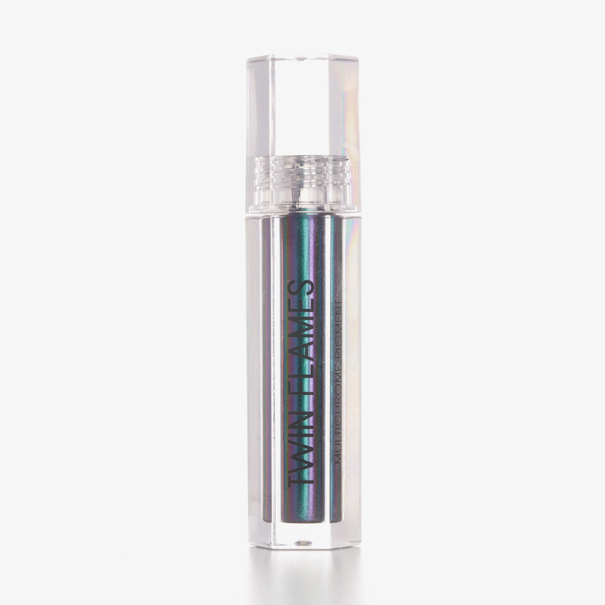 Eine durchsichtige Tube Twin Flames True Luv mit blau-lila schimmerndem Inhalt vor weißem Hintergrund.
