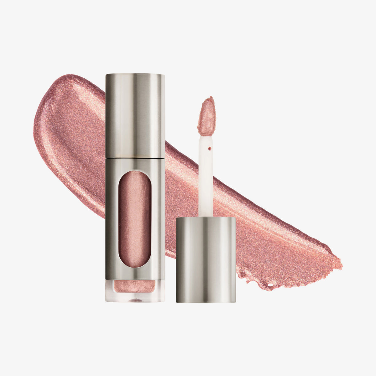 Eine teils silberne und teils transparente Tube Vision Flush Glow Electric Love mit Rosé schimmerndem Inhalt vor weißem Hintergrund.