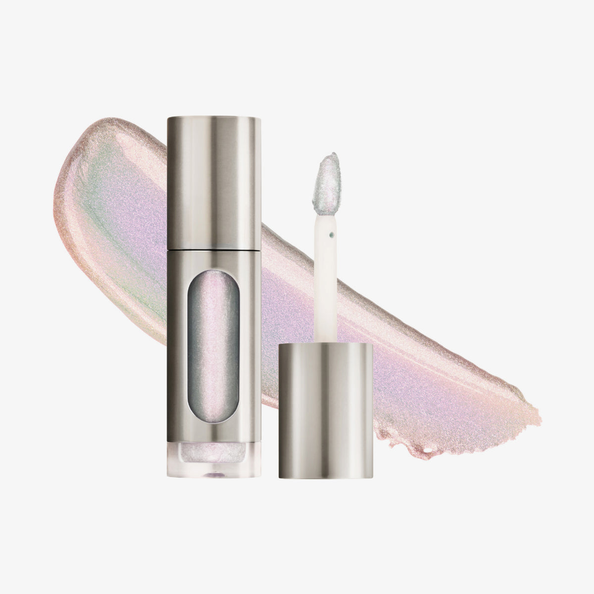 Eine teils silberne und teils transparente Tube Vision Flush Glow Femme mit weißem und fliederfarbenem schimmerndem Inhalt vor weißem Hintergrund.