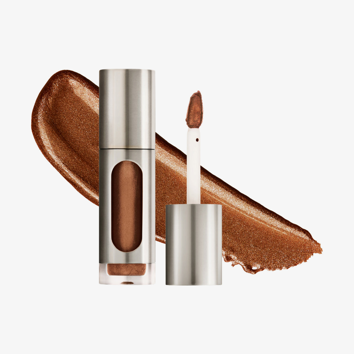 Eine teils silberne und teils transparente Tube Vision Flush Glow Legendary mit braun-bronze schimmerndem Inhalt vor weißem Hintergrund.
