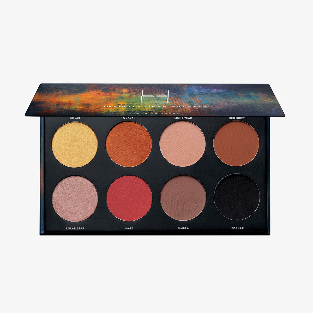 Geöffnete Infinity Deep Palette von LH Cosmetics umfasst acht leuchtende neutrale Farbtöne.