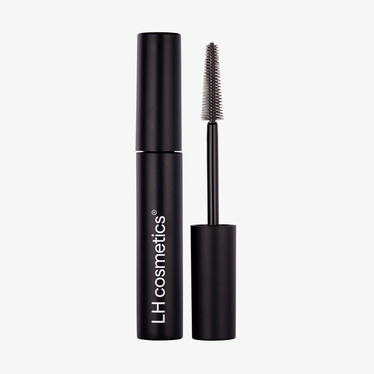 Schwarze Tube Infinity Power Lash Lengthening Mascara von LH Cosmetics, neben konischer Mascara-Bürste auf weißem Hintergrund.