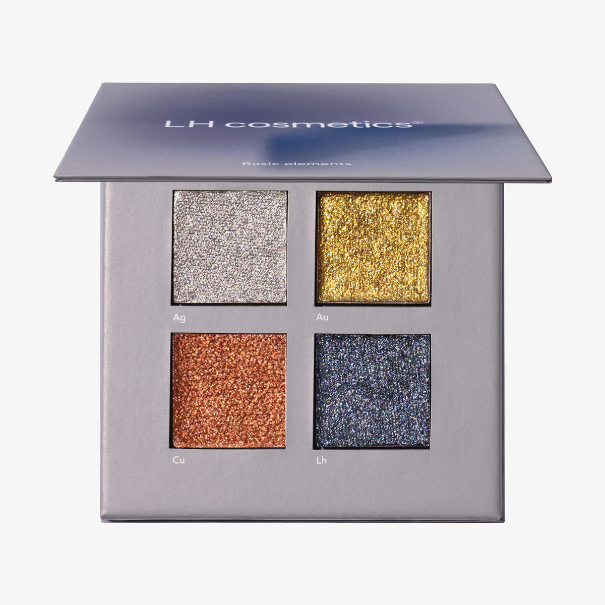 Die Basic Elements-Palette von LH Cosmetics enthält vier schimmernde Lidschattentöne – Ag, Au, Cu und Lh – in einem eleganten silber-blauen Etui.
